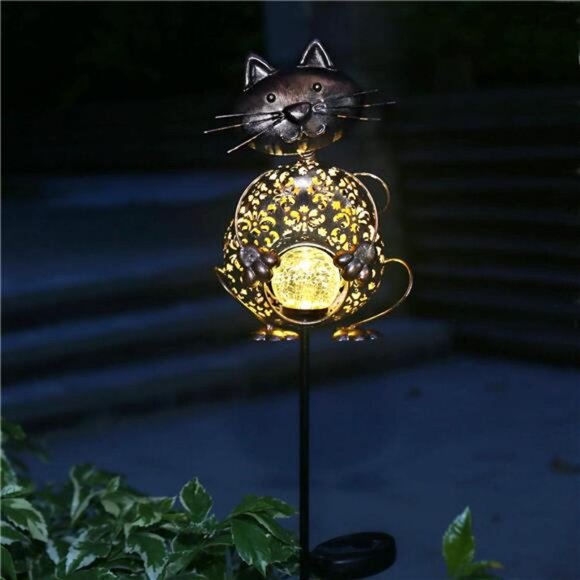 Garden Solar Lights Metal Cat Crackle Glass Globe Stake Lights, Waterproof - Picture 5 of 7